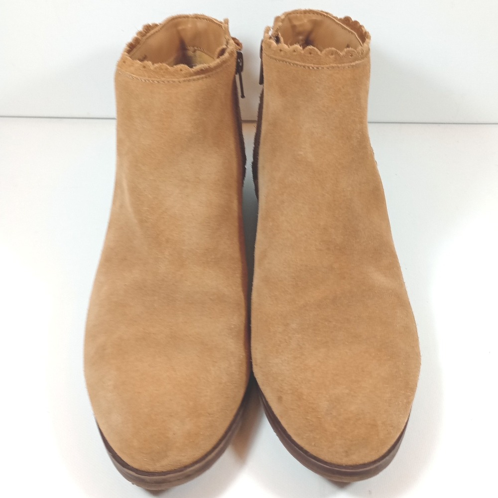 Jack Rogers Ankle Boots 10M Tan Suede Scalloped Tie Heel Block Zip Booties Fall